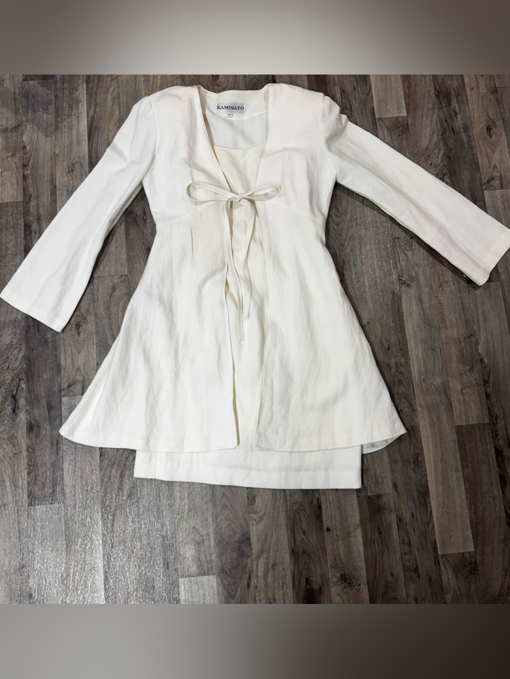 Vintage 90s Kamisato Linen Rayon Dress Jacket Set 6 Ivory Made USA